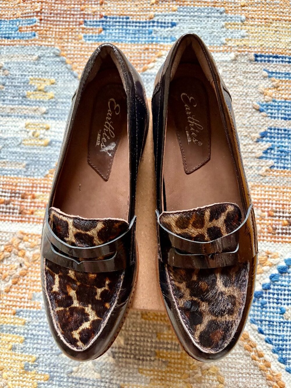 Earthies Brown Patent Leather and Cowskin Loafers, Size 9.5B